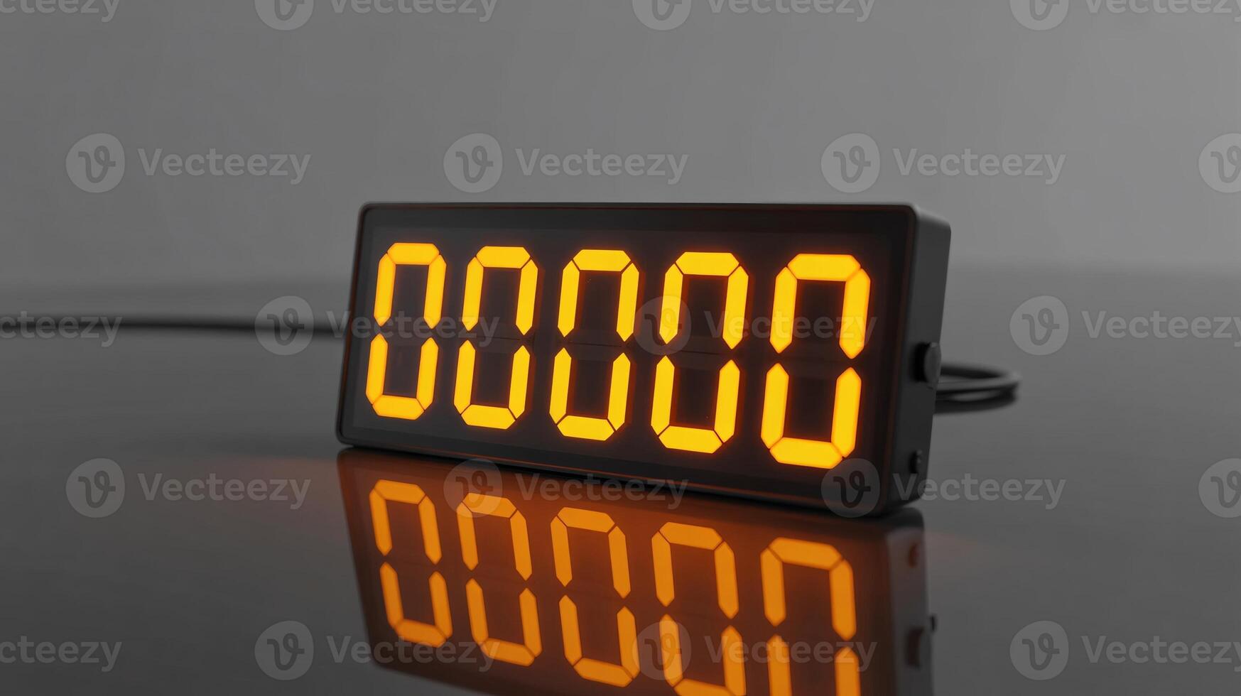 LED countdown timer displaying zero, showcasing a modern and sleek design with a reflective surface. photo