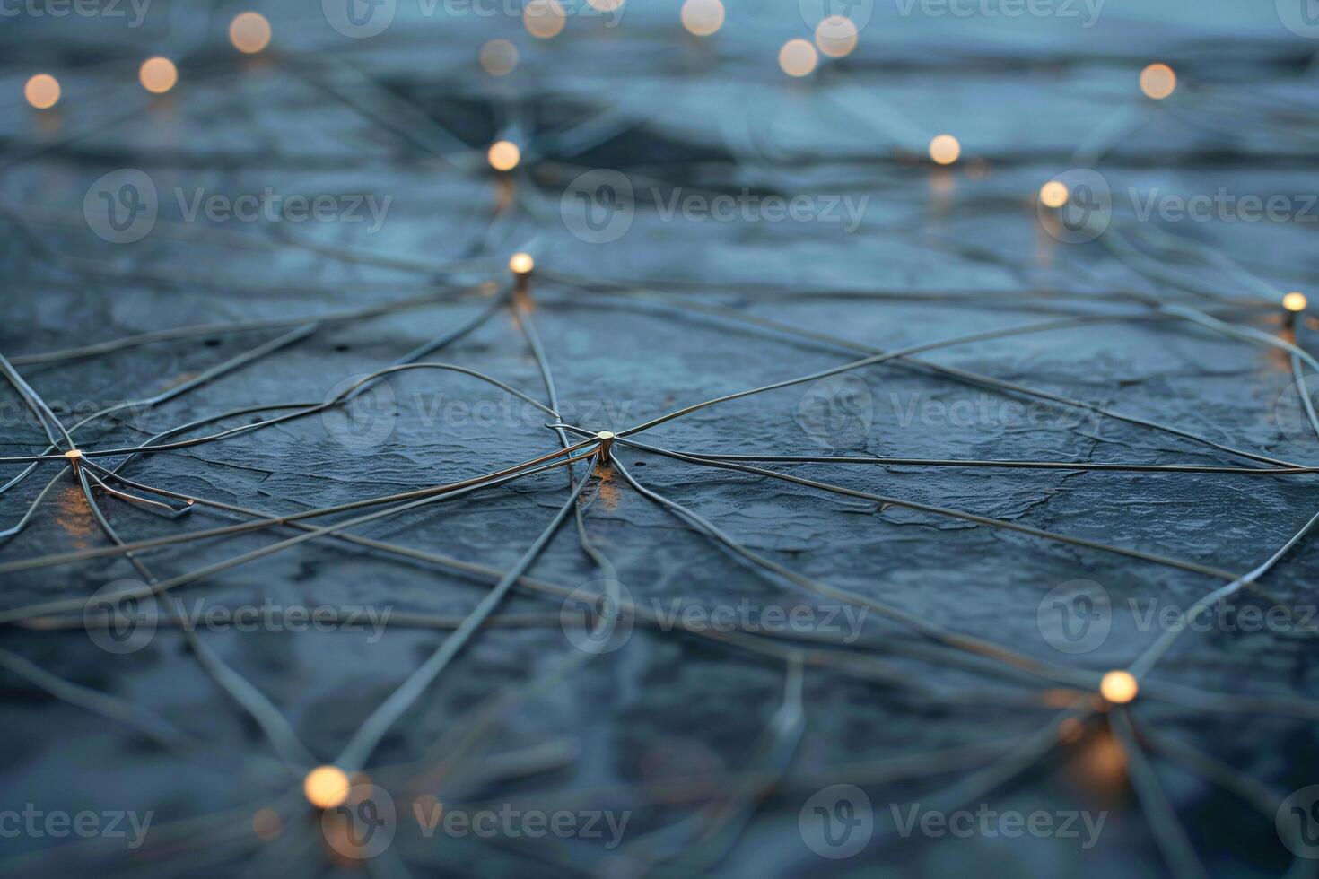 Intricate network of illuminated wires on a dark textured surface, creating a captivating visual effect. photo