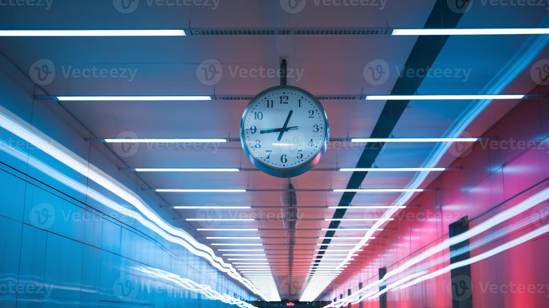 A large clock hangs in a modern tunnel, reflecting blue and red lighting, creating a dynamic atmosphere. photo