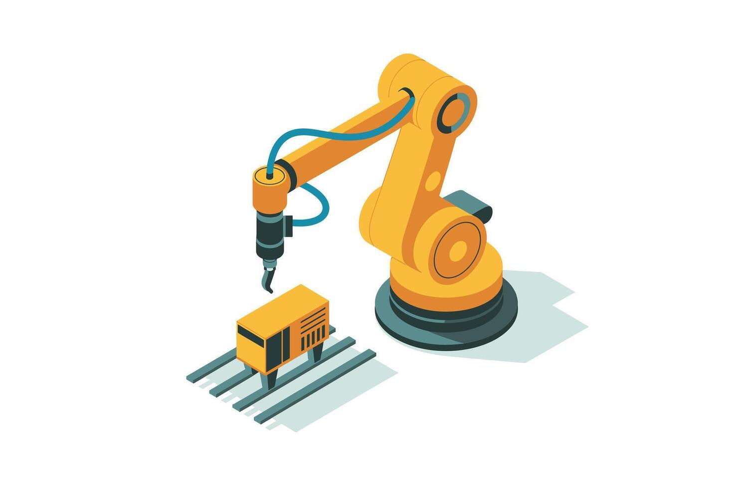 Isometric Industrial Robot Arm Manipulating Object on Conveyor Belt, Automation and Assembly in Manufacturing, Future of Work and Smart Factory Concept vector
