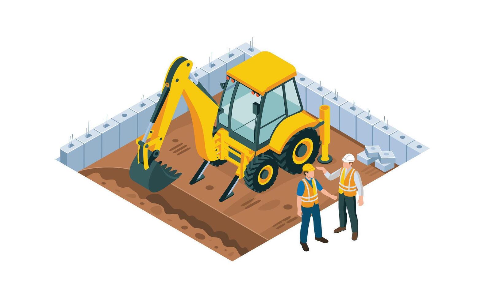 Isometric Construction Site Scene Excavator, Workers, and Foundation Elements for Building and Infrastructure Development, Illustrating Engineering and Construction Processes vector