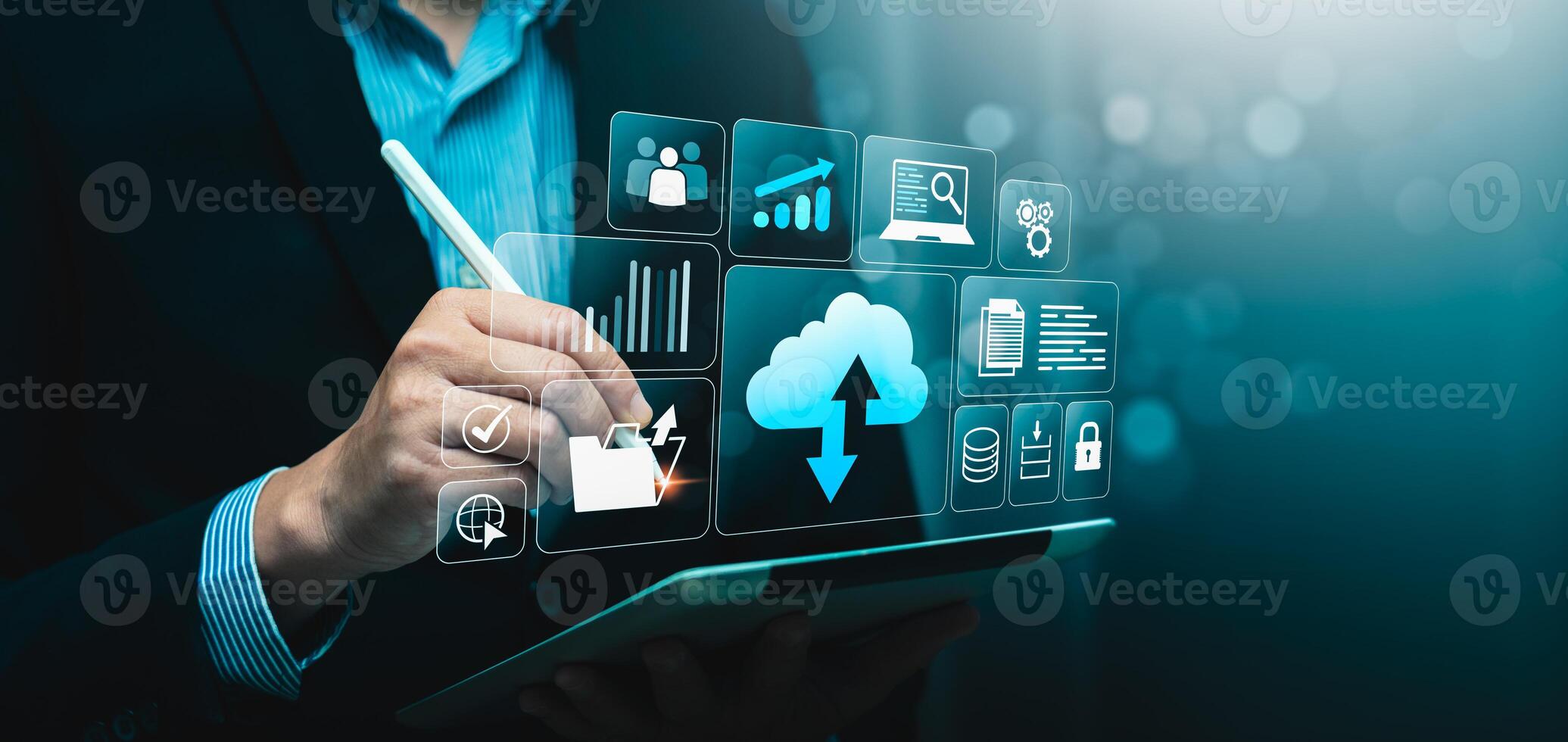 Cloud data storage management with secure document file upload, backup, digital transformation, big data analysis, business intelligence, secure cloud computing, cybersecurity, data privacy technolog photo