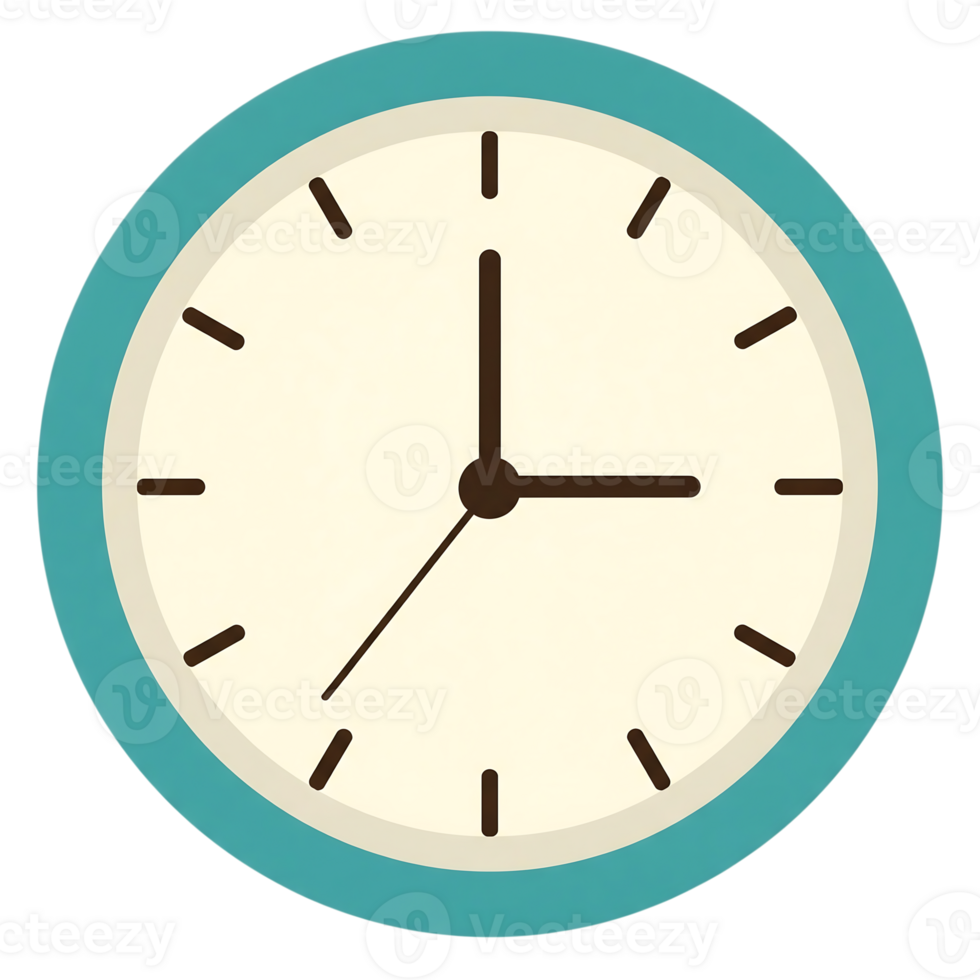 Classic analog clock face showing three oclock with teal border isolated on transparent background png