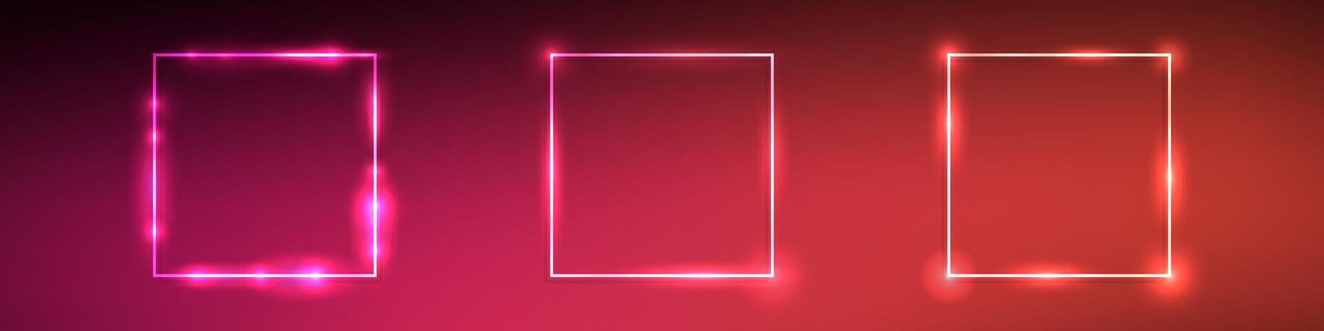 Set of three neon square frames with shining effects on dark red background. Empty glowing techno backdrop. illustration vector