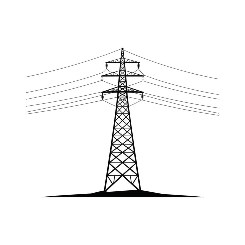 Black silhouette of a high voltage electricity pylon with multiple wires on a white background power line vector