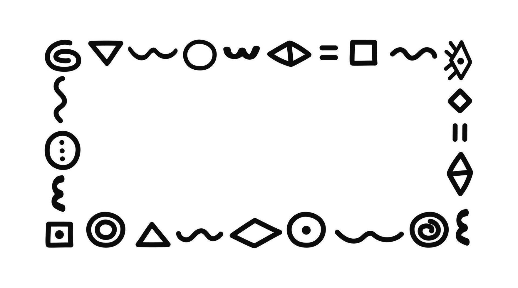 Simple frame, border. Random spirals, lines, geometric shapes, curls. Abstract ethnic banner, place for text. Cave drawing, symbols, signs. Marker, scribble, sketch, hand drawn, isolated background. vector