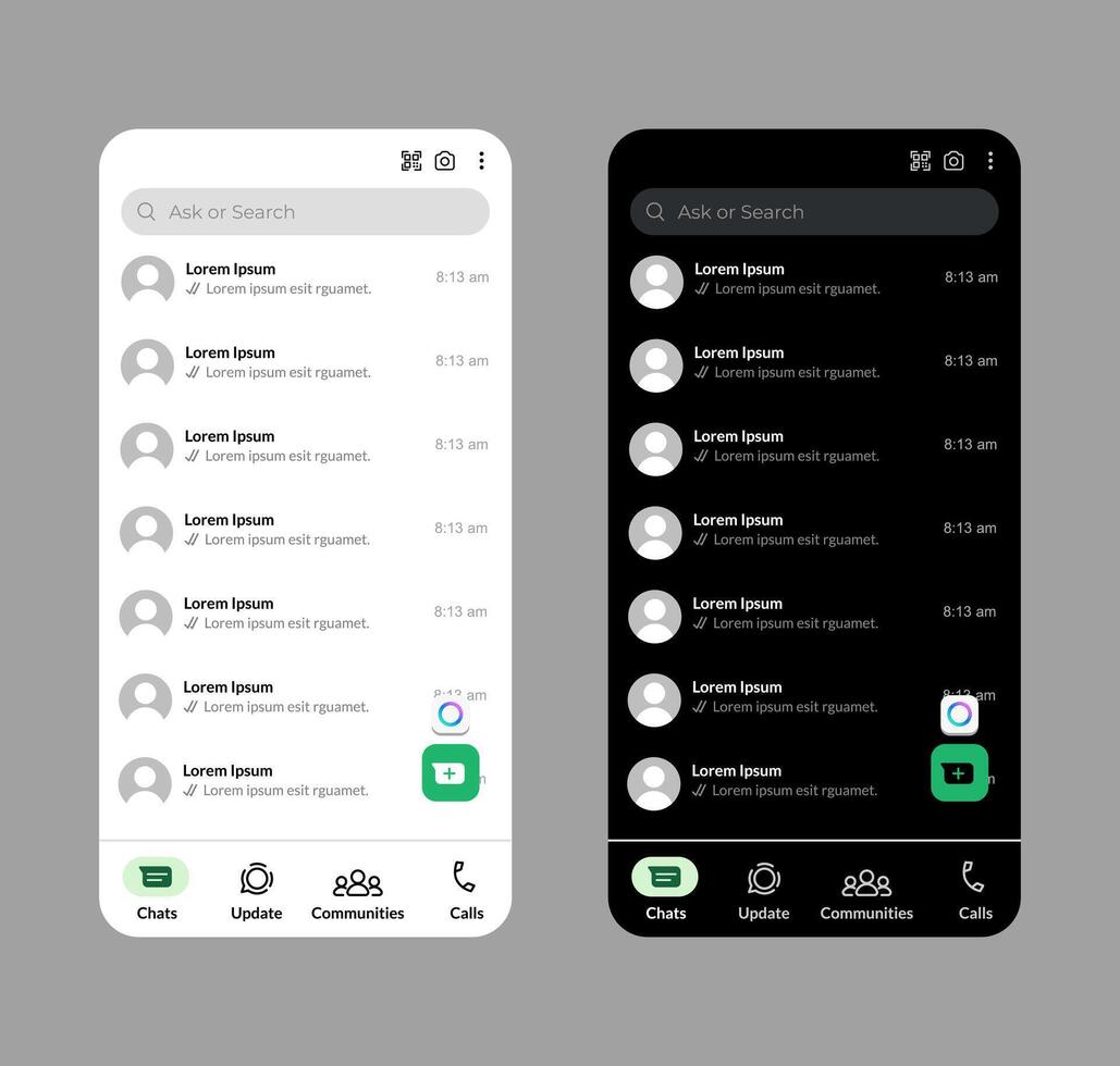 Messaging app interface design in light and dark mode vector
