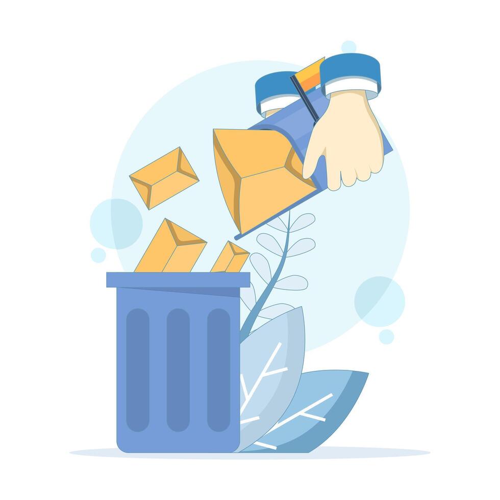 Digital Cleanup Concept. Emails are deleted to the trash. This includes spam removal, message purging, unnecessary data deletion, file management, and system optimization. Flat design. vector