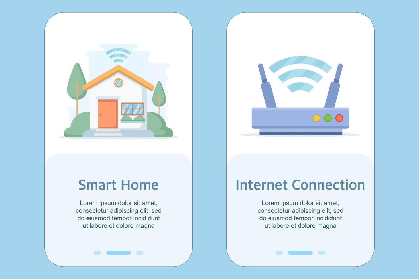 Flat illustration of smart home and internet connection onboarding template for mobile UI app. Concept of home automation, IoT technology, wireless control, and modern digital lifestyle vector