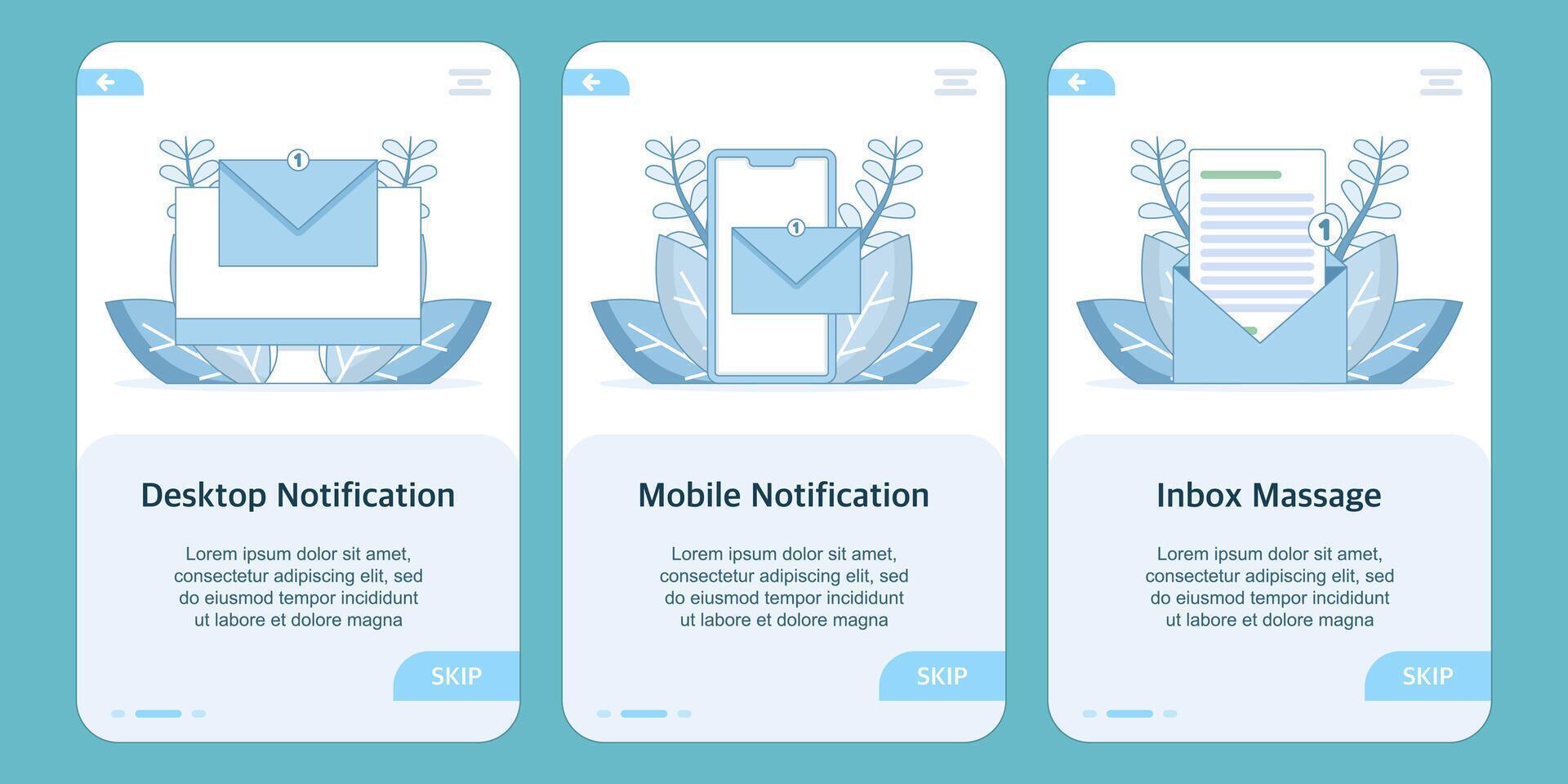 Flat illustration of desktop and mobile notification with inbox message on onboarding screen. Concept of app alert, email reminder, user interface, communication, and digital message system. vector