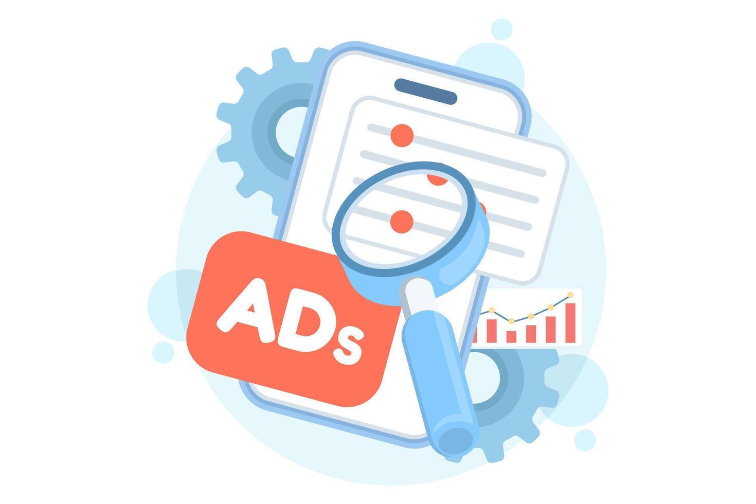 Flat illustration of mobile advertising analytics. Smartphone with magnifying glass and performance data, representing programmatic ads, campaign tracking, and digital marketing analysis. vector