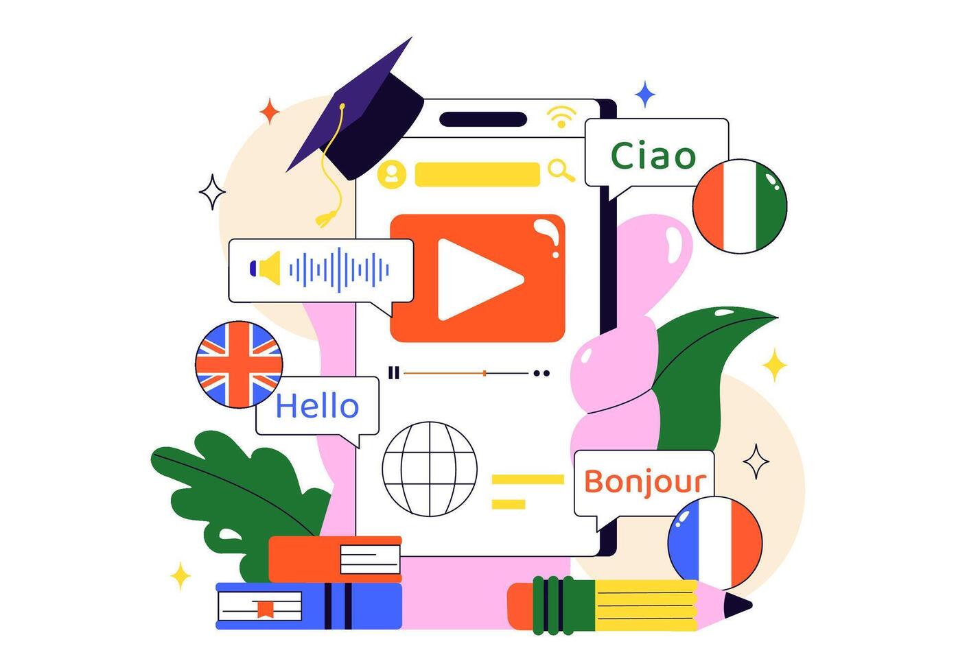 Flat Cartoon Background of Online Learning Programs for Foreign Languages Illustration vector