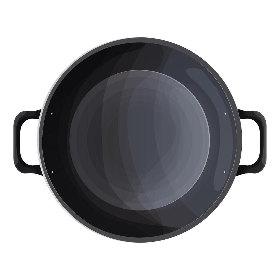 Wok frying pan, empty cookware bowl top view in cartoon style. Steel souspan, pot isolated on white background. object with handles. vector