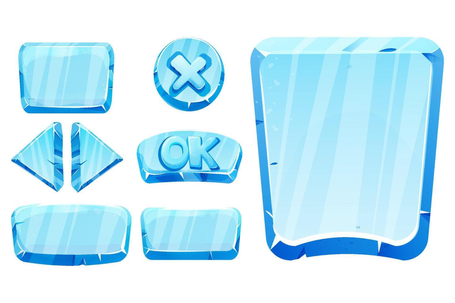 Set frozen ice frames, panels for game menu arows, buttons, ok sign in cartoon style isolated. Ui game design, app interface. vector