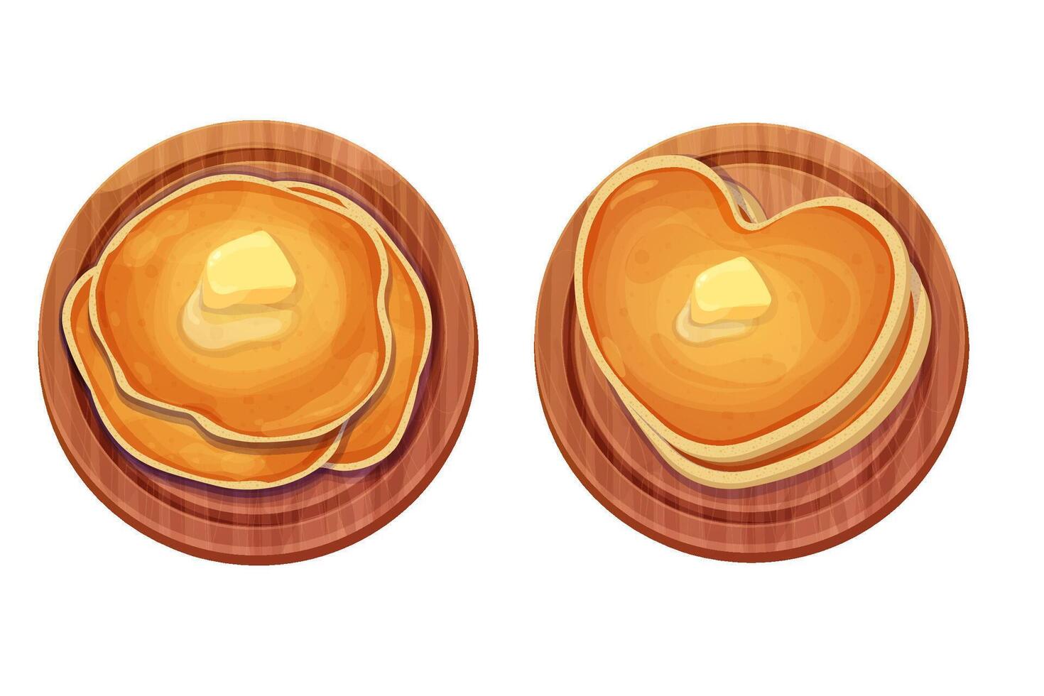 Set Pancakes stack with butter top view on wooden round desk or plate in cartoon style isolated on white background. Circle dessert and heart shape, breakfast. vector