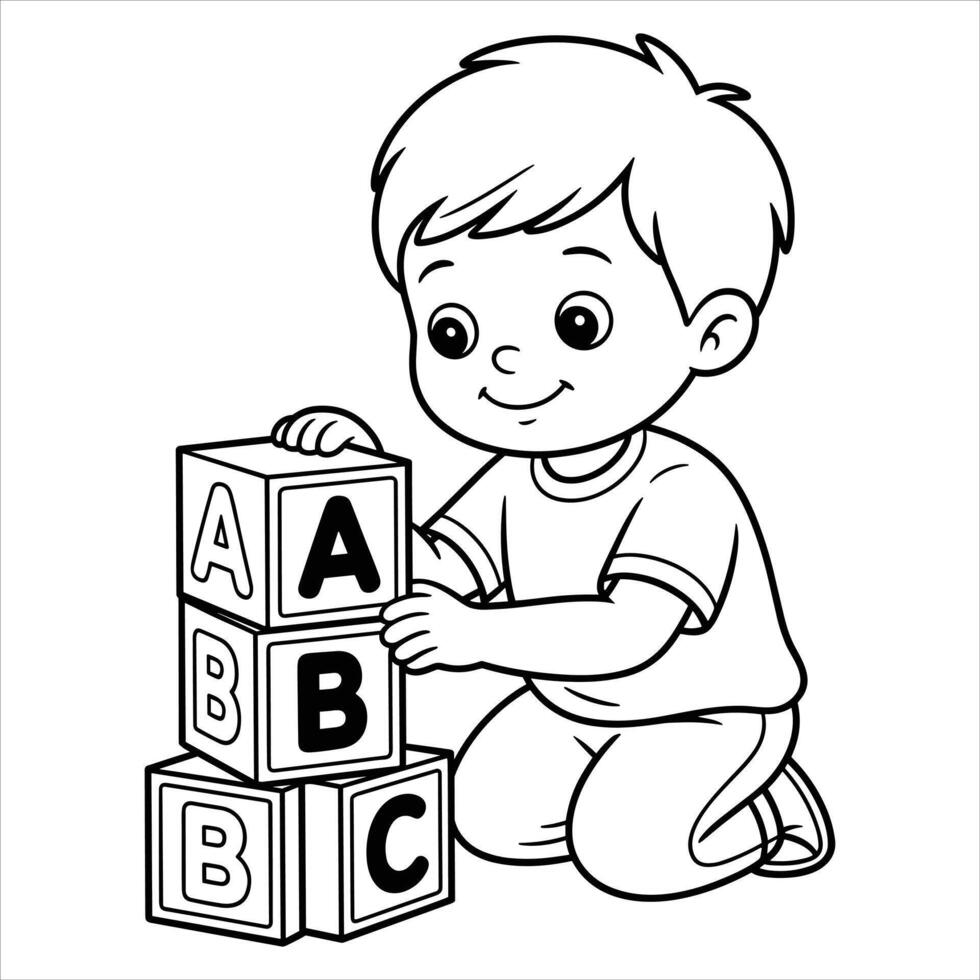 Alphabet Coloring Page Boy Playing with ABC Blocks for Early Learning vector