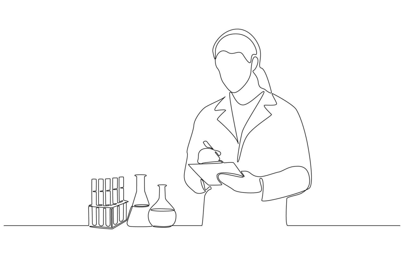 Continuous one line drawing of scientist taking notes in lab coat, symbolizing research, innovation, and scientific discovery, single line art vector