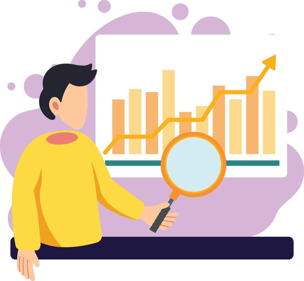 Man analyzing financial data with chart and magnifying glass illustration vector
