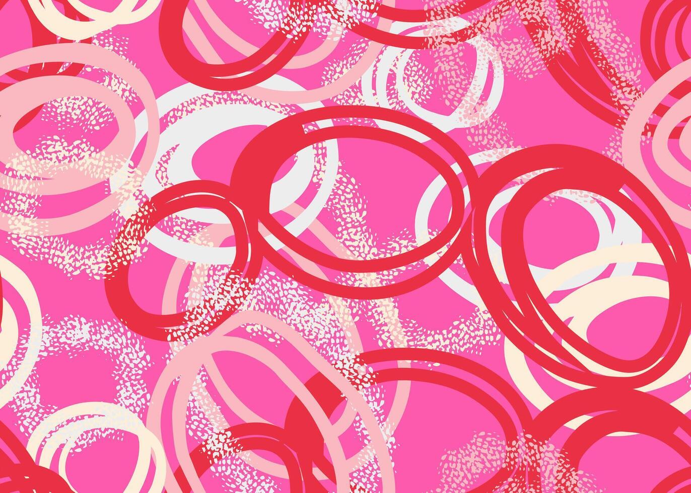 Playful seamless pattern with hand drawn overlapping circles in white, red on a vibrant pink background. Textured details add depth, ideal for modern designs, textiles, and branding. vector