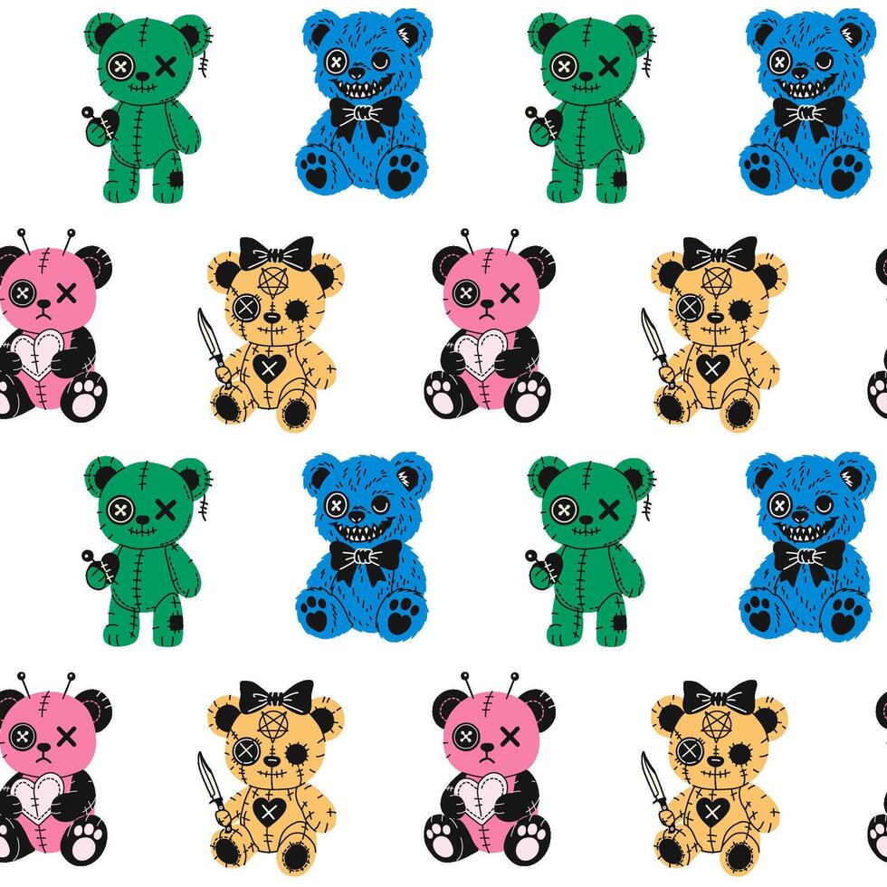 Seamless Pattern with Halloween Plush Bear Characters with Stitches and Buttons vector