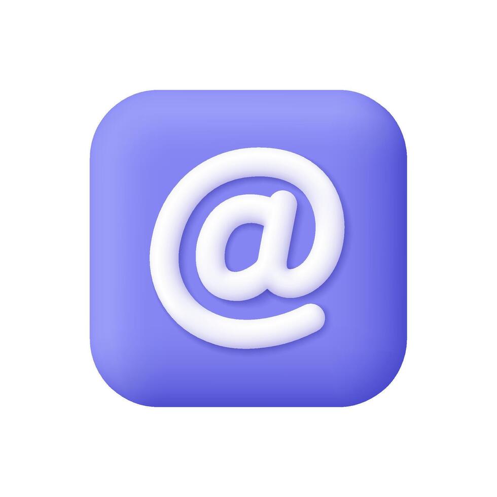 White at or e-mail symbol on purple square button. Communication, social media, digital identity, online messaging, contact information and networking concept. 3d icon. Cartoon minimal style. vector