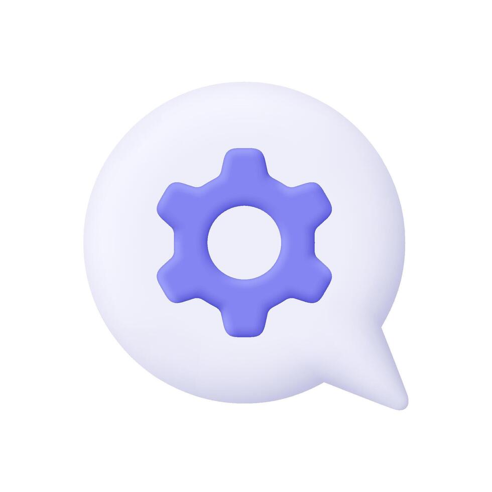 White speech bubble with a purple gear. Settings, configuration, technical support, preferences, tools and maintenance concept. 3d icon. Cartoon minimal style. vector