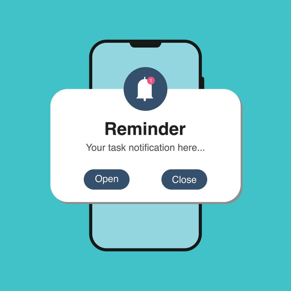 Task reminder notification bell. Schedule work, business plans, and events. Plus, a phone behind the pop-up. vector