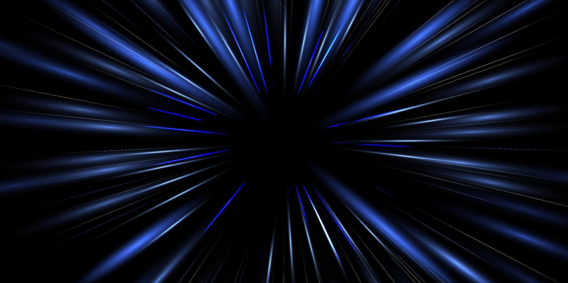 Radial speed rays, light neon flow, zoom in motion effect, blue glow speed lines, colorful light trails, perspective stripes Abstract background, illustration. vector