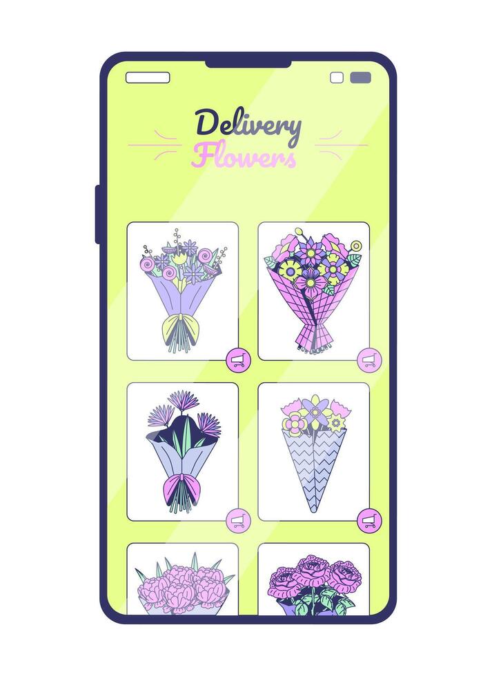 Online flower delivery app on smartphone screen 2D cartoon object. Phone digital store interface with bouquet options for purchase isolated element flat clip art on white. Spot illustration vector