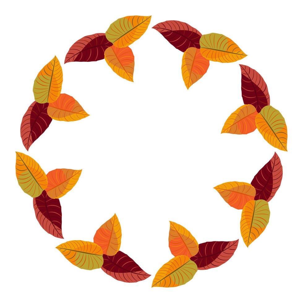 Stylish pattern with bright autumn leaves in the shape of a circle. Wreath, border with place for text, white background. vector