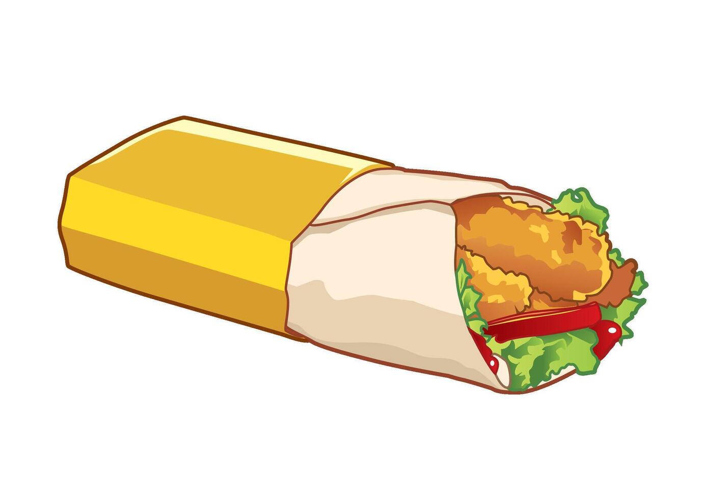 Crispy chicken wrap filled with fresh lettuce and sauce presented in a bright takeout box for easy enjoyment. Food concept vector