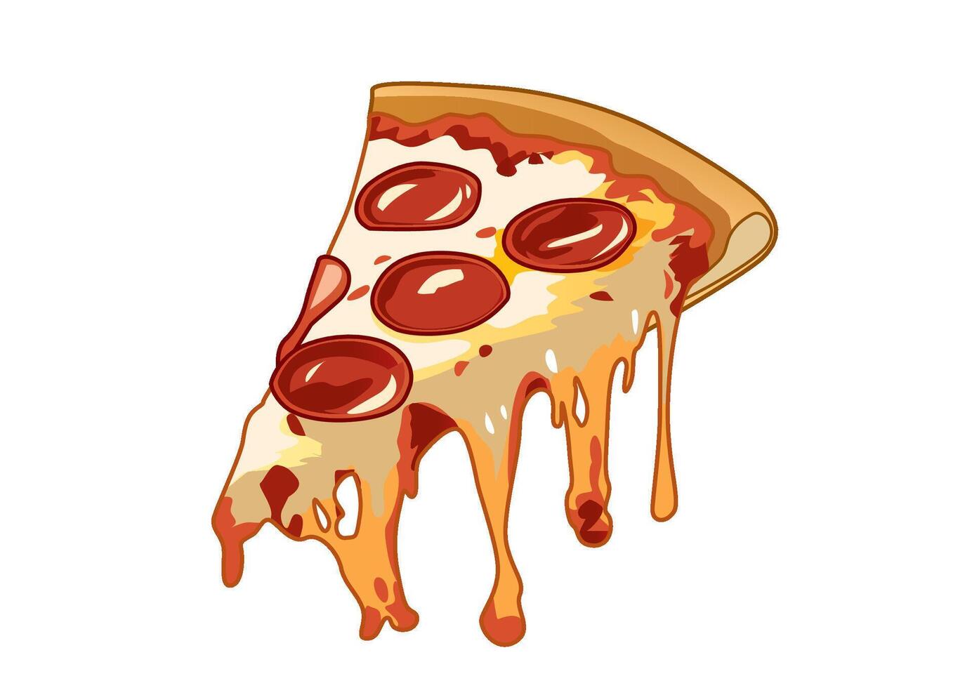 Appetizing slice of pepperoni pizza with melted cheese stringing from the edge. Food concept vector