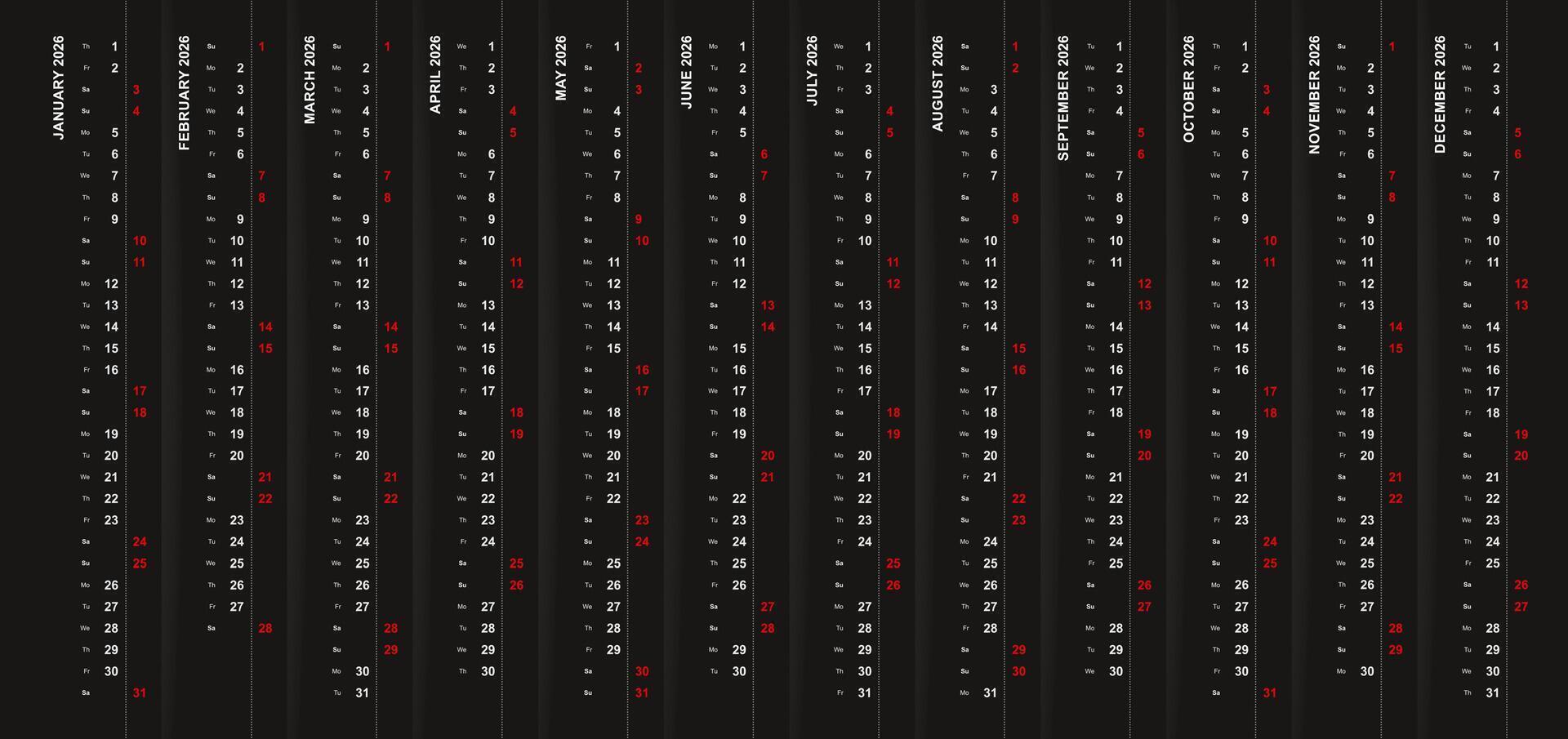 Vertical calendar 2026 on black background, Saturday and Sunday selected in different row. vector