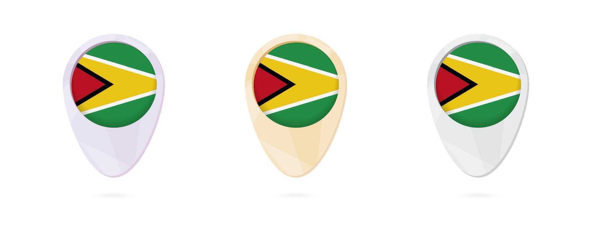 Map markers with flag of Guyana, 3 color versions. vector