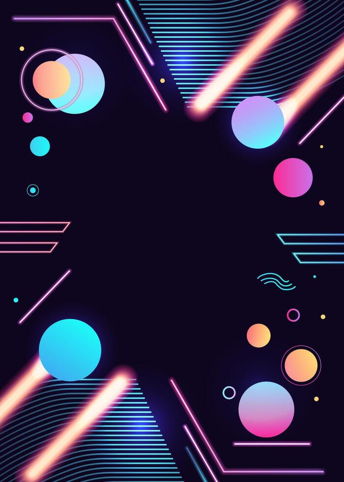 Neon shapes glowing on dark background. Bright futuristic geometric frame with space for text. Modern abstract design. vector