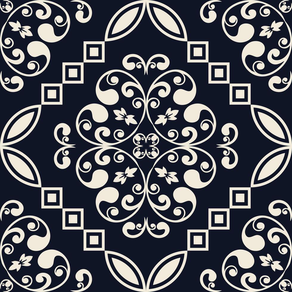 Elegant damask pattern in navy blue and cream. The intricate design features paisley motifs and geometric shapes. Perfect for backgrounds, textiles, and decorative projects vector