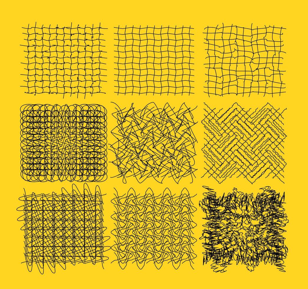 Hand drawn hatching. Hatched squaresdrawing technic, geometric shapes crosshatch strokes, simple doodle sketch design elements vector