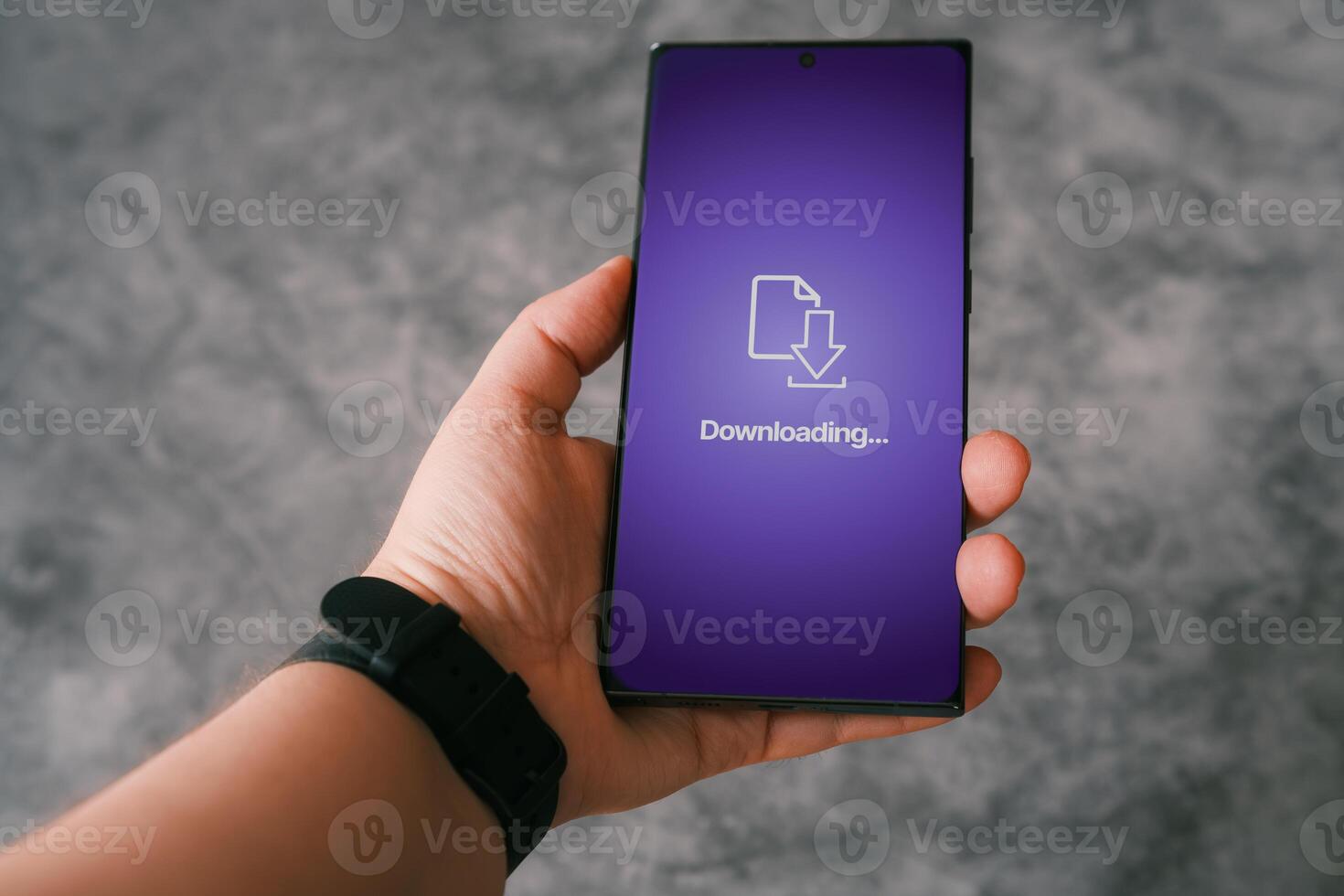 Woman hand showing smartphone screen with download interface. Installing software on phone. Upgrading application. Cloud storage technology backup. photo