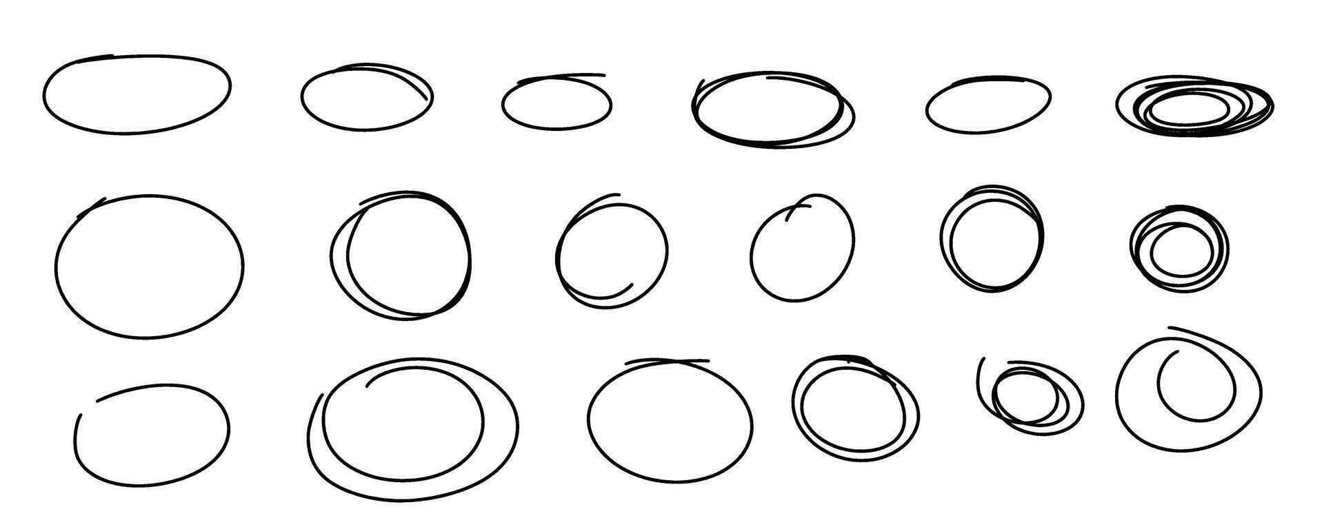 Hand drawn sketch collection of black circles and round doodle outlines with rough brush stroke abstract marker style graphic elements vector