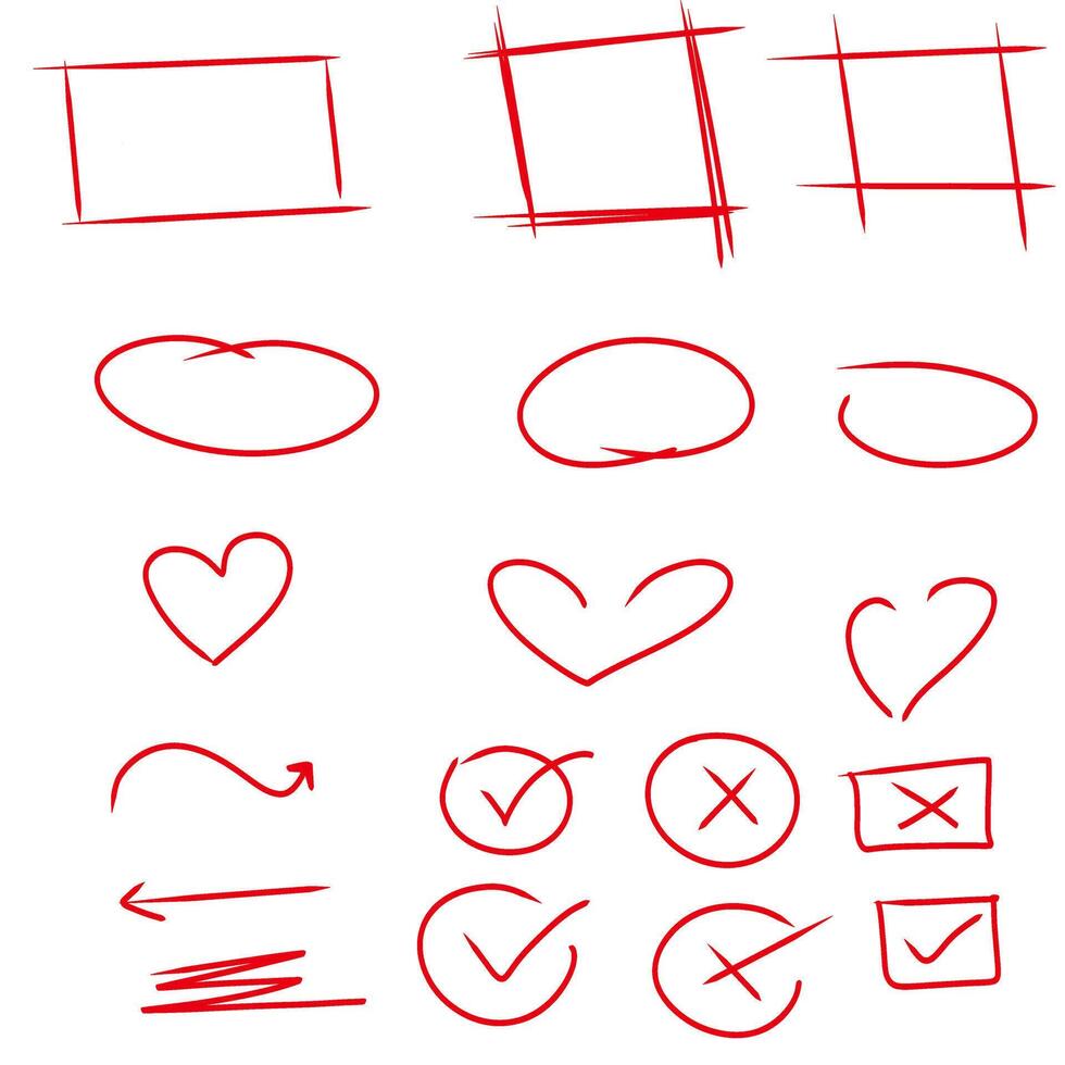 Red hand drawn sketch elements set with circles hearts arrows check marks cross boxes frames doodle abstract creative graphic design symbols vector