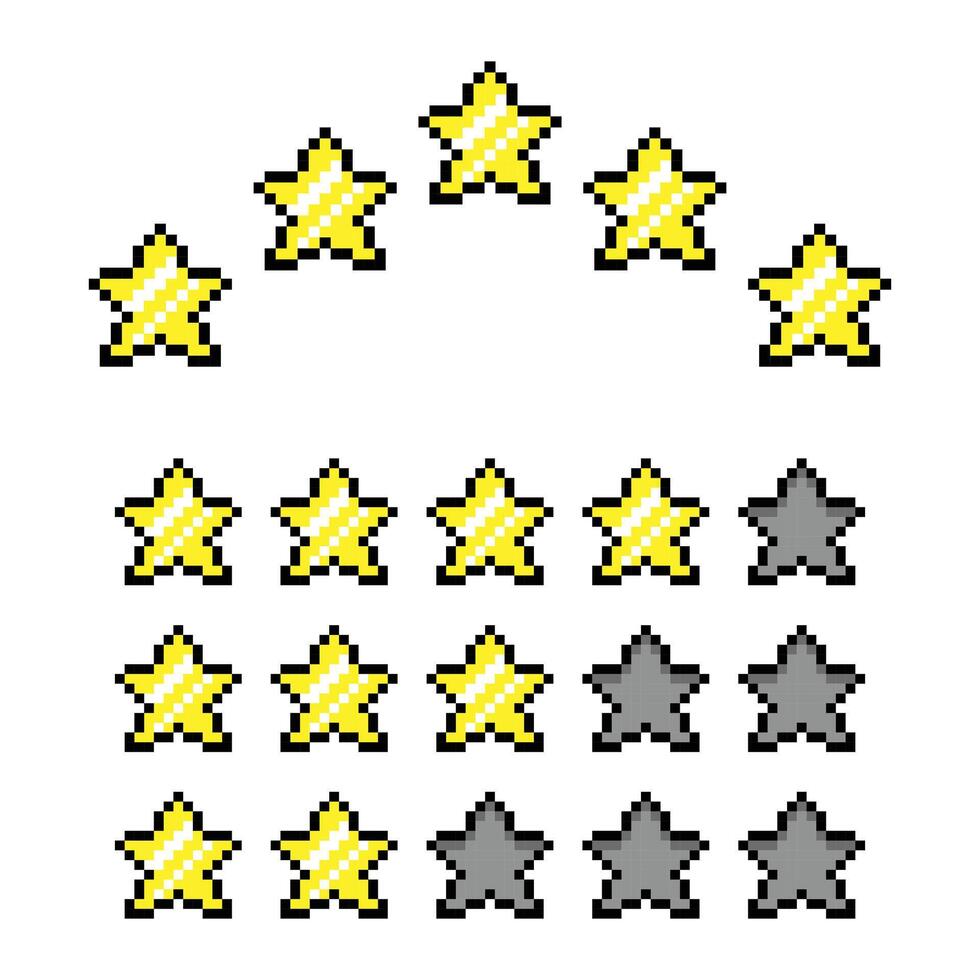 Pixel Art Star Rating Icons Retro 8 Bit Review and Feedback System vector