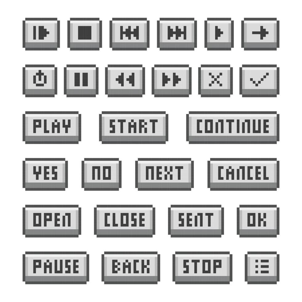 A collection of retro pixel art UI buttons for games and apps. vector