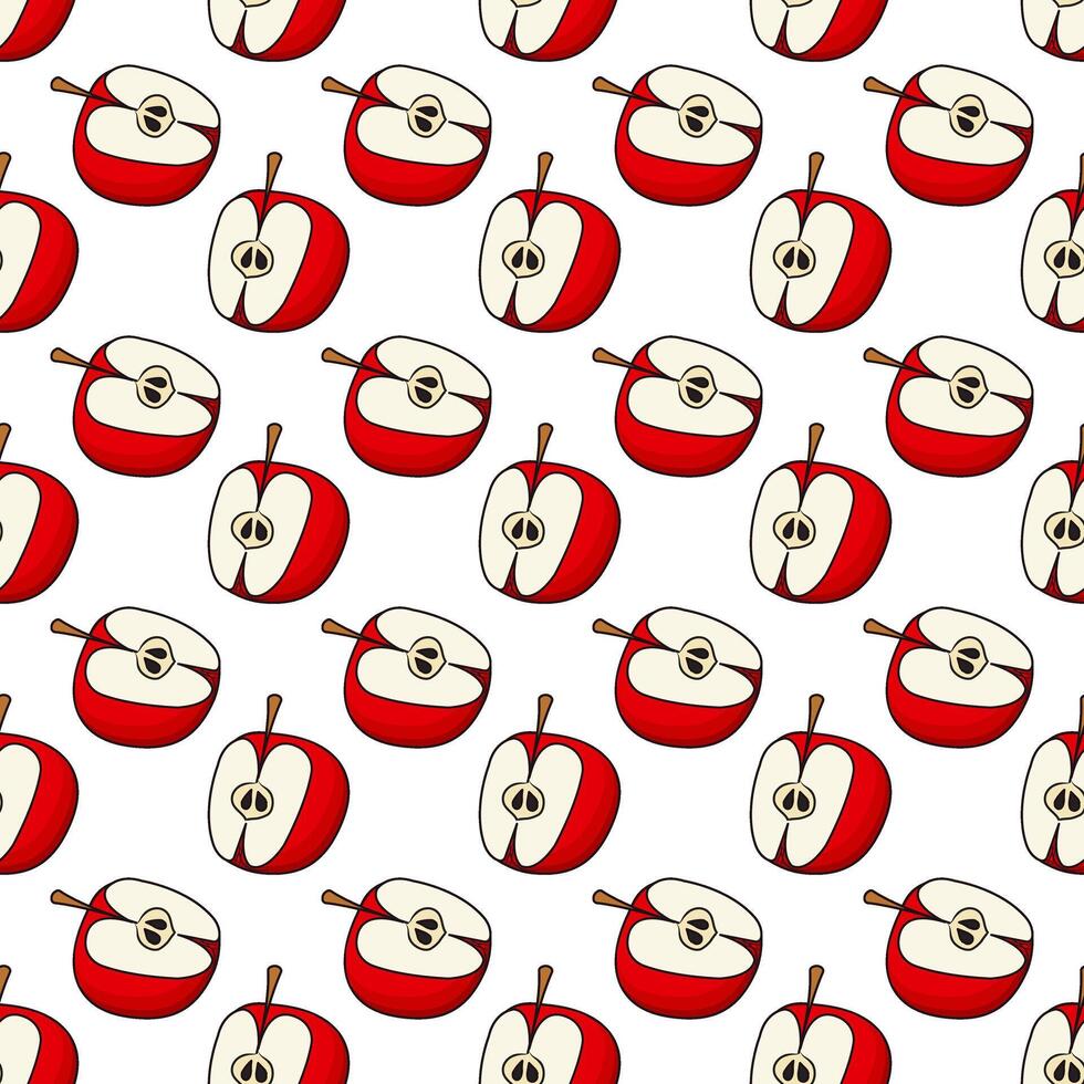 Red apple halves pointing in different directions. Seamless pattern. vector