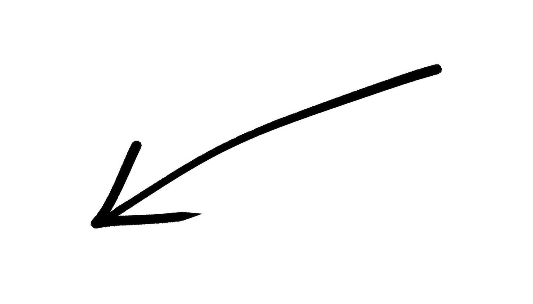 Black thin curved arrow hand drawn sketch illustration pointing left downward with smooth line brush stroke doodle navigation abstract creative element vector