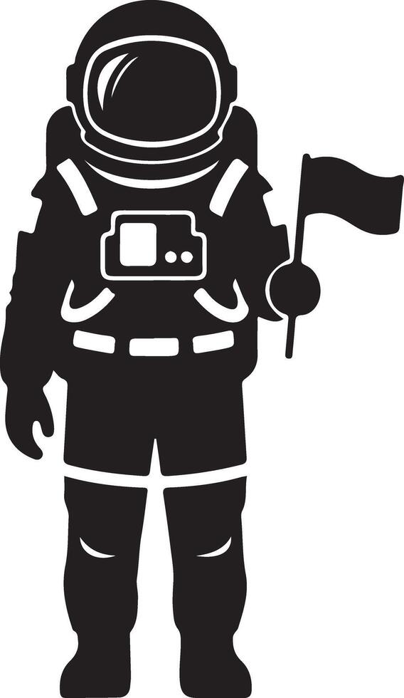 Black silhouette of an astronaut in a spacesuit holding a flag, representing space exploration vector
