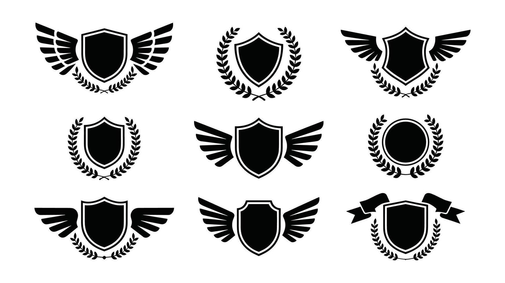 shield emblems with wings and laurels vector