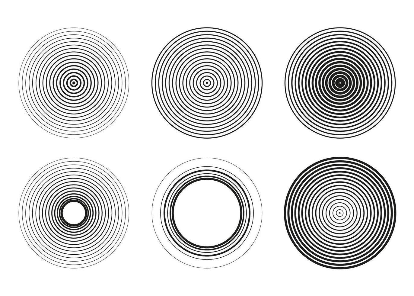 Black concentric circle set. Collection of sonar rings, sound waves, halftone and linear target icons. Ripple, radar, epicenter, and vibration elements in line style. vector