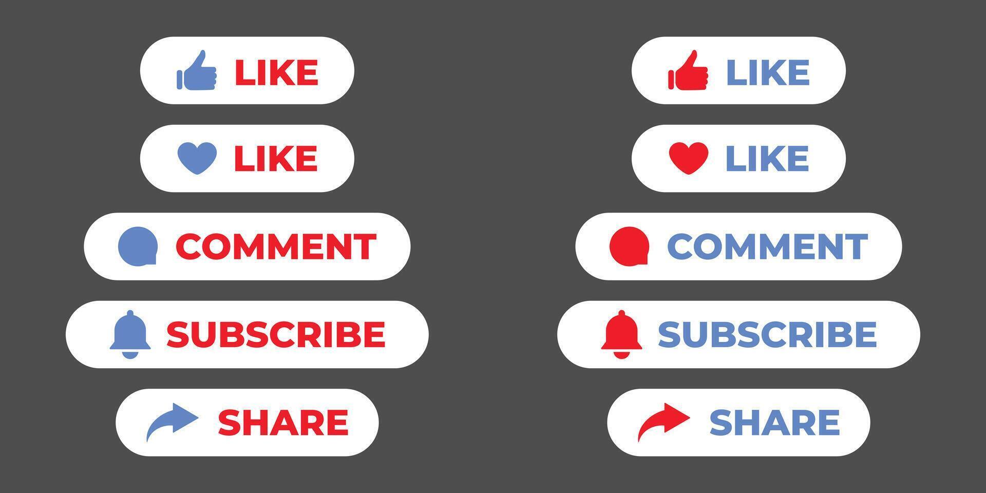 Social Media Buttons Set with Like, Comment, Share, and Subscribe Icons. Flat Illustration for Online Content, Blogging, Streaming, Marketing, and Social Networking UI Design Elements. vector