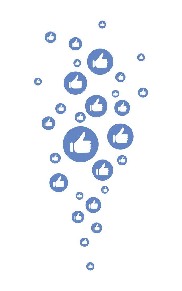 Blue thumbs up like icons arranged in a vertical stream on white background, social media approval positive feedback concept, flat design illustration, digital communication online networking symbol vector