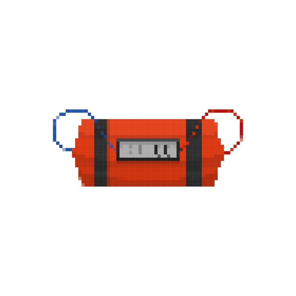Mosaic pixel bomb icon in red with blue and red wires and digital timer display vector